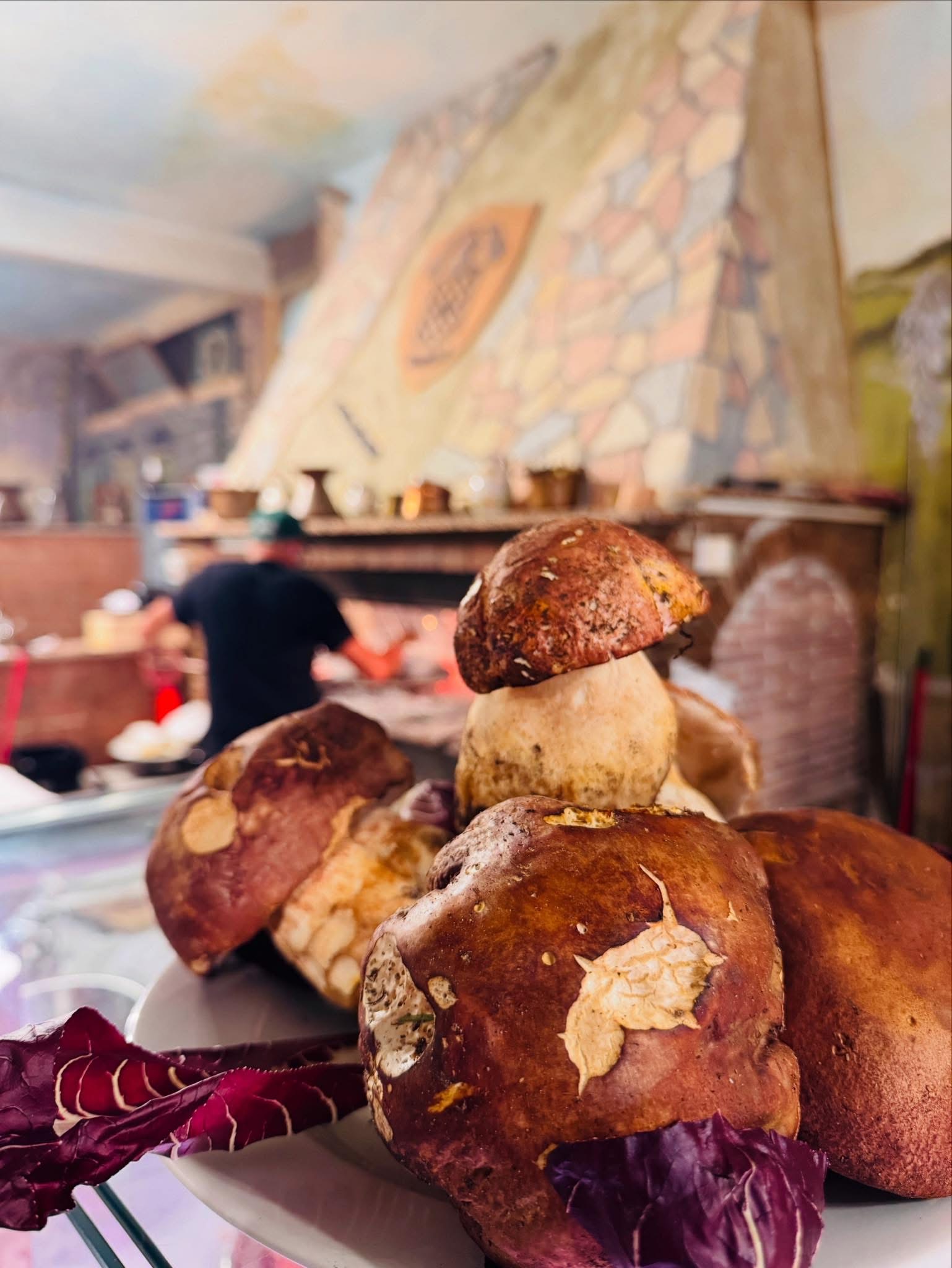 Funghi porcini freschi con camino sullo sfondo